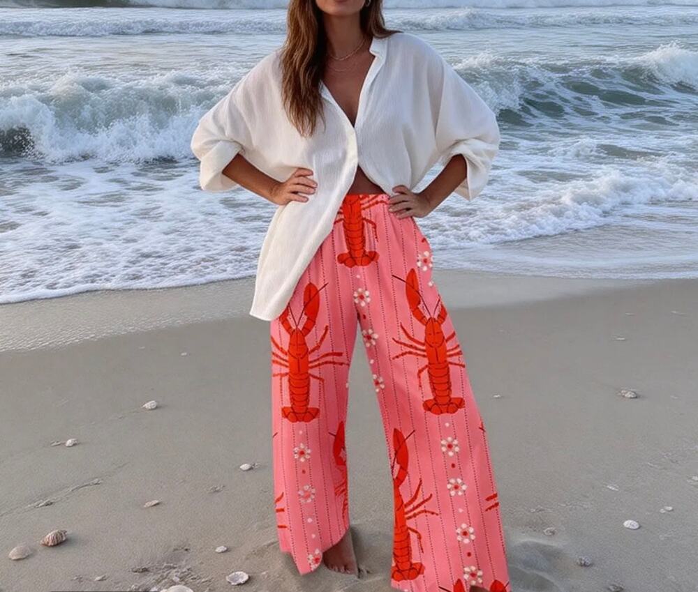 New nice to meet you palazzo pink & red lobster pants sz XXL TikTok viral